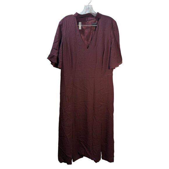 Ann Taylor Womens Midi Dress Size 14 Burgundy V-Neck Short Flutter Sleeves Back - Picture 1 of 12